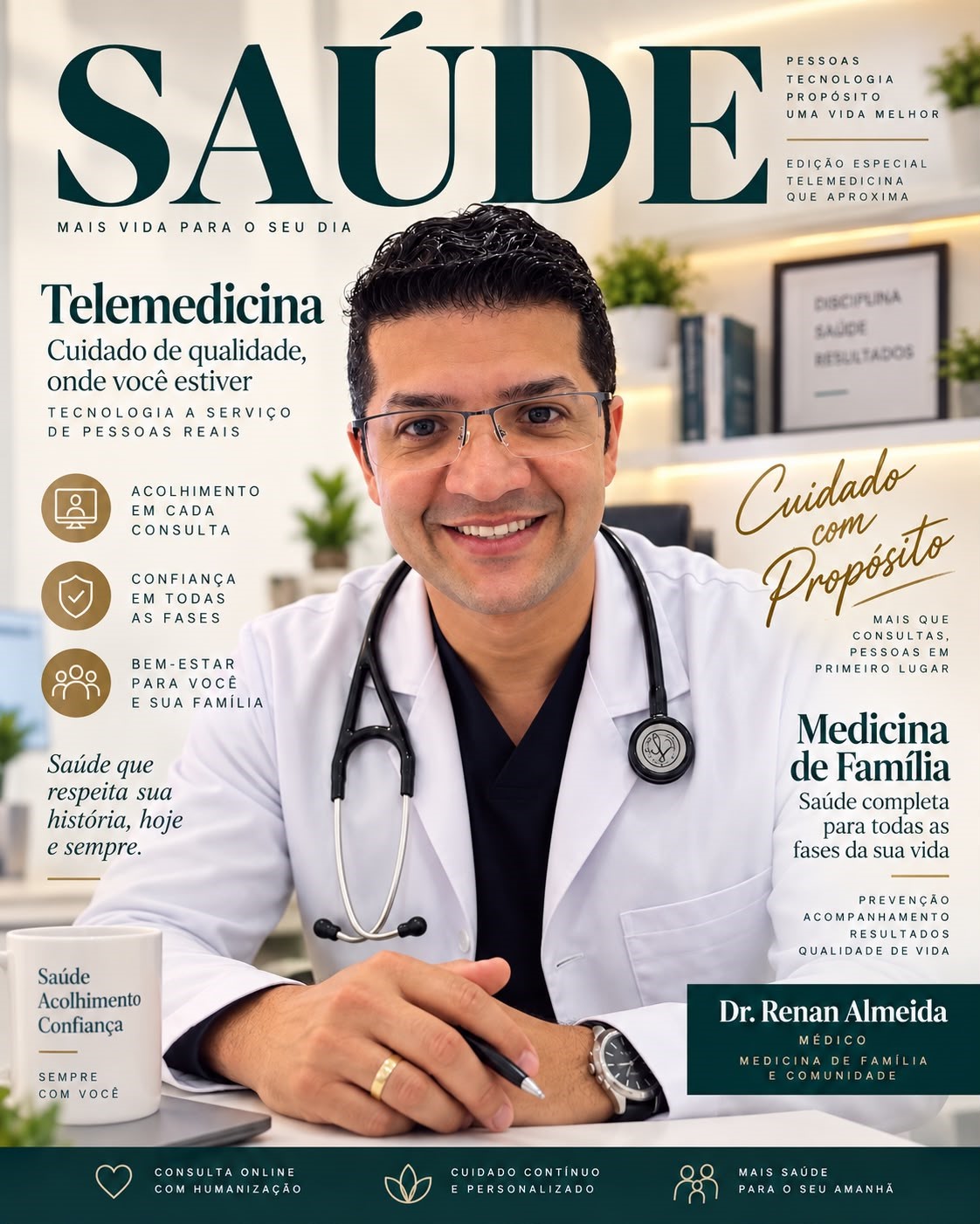 Dr. Renan Almeida, médico, sorrindo em consultório